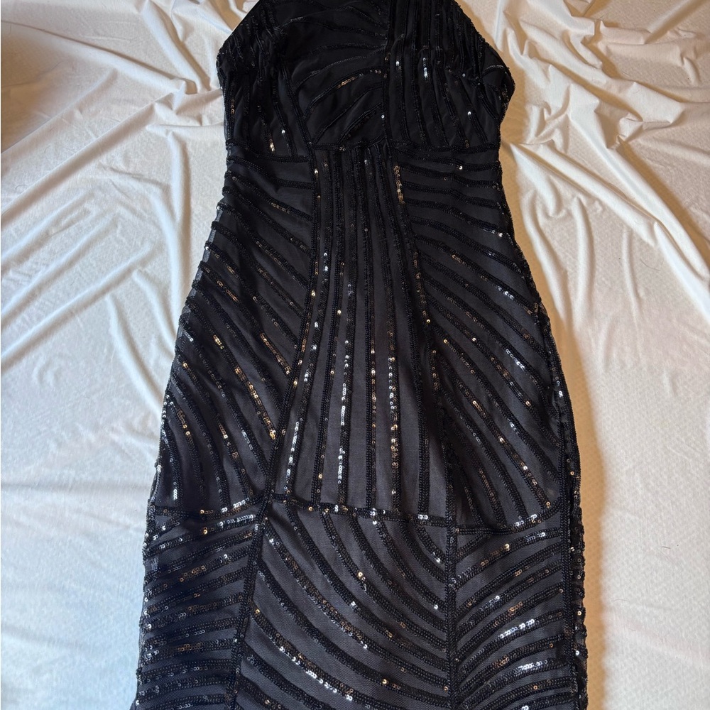 SHEIN Black One Shoulder Sequin halter Dress